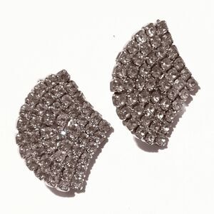 Vintage Silver Tone Prong Set Clear Rhinestone Fan Shaped Clip Earrings